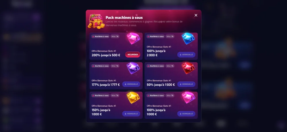 Modale officielle Trixino Casino détaillant les 6 dépôts du pack de bienvenue machines à sous 777 % avec condition de mise x7