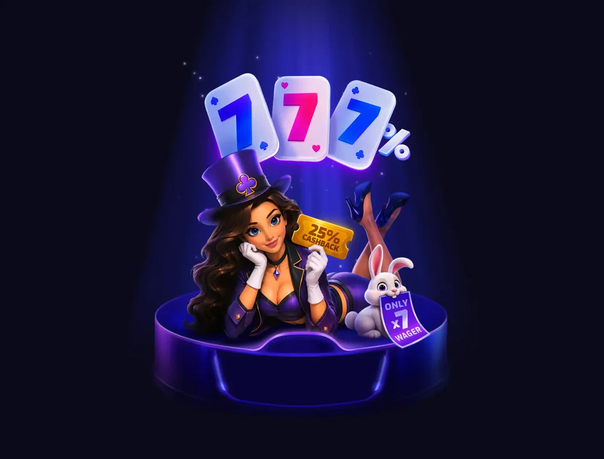 Mascotte officielle Trixino Casino avec ticket doré de cashback 25 % et badge d'exigence de mise x7