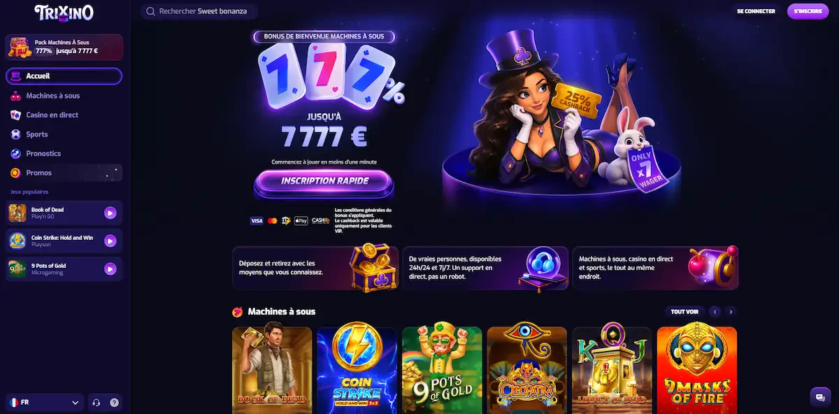 Lobby officiel de Trixino Casino avec sélection de machines à sous et bannières de bienvenue